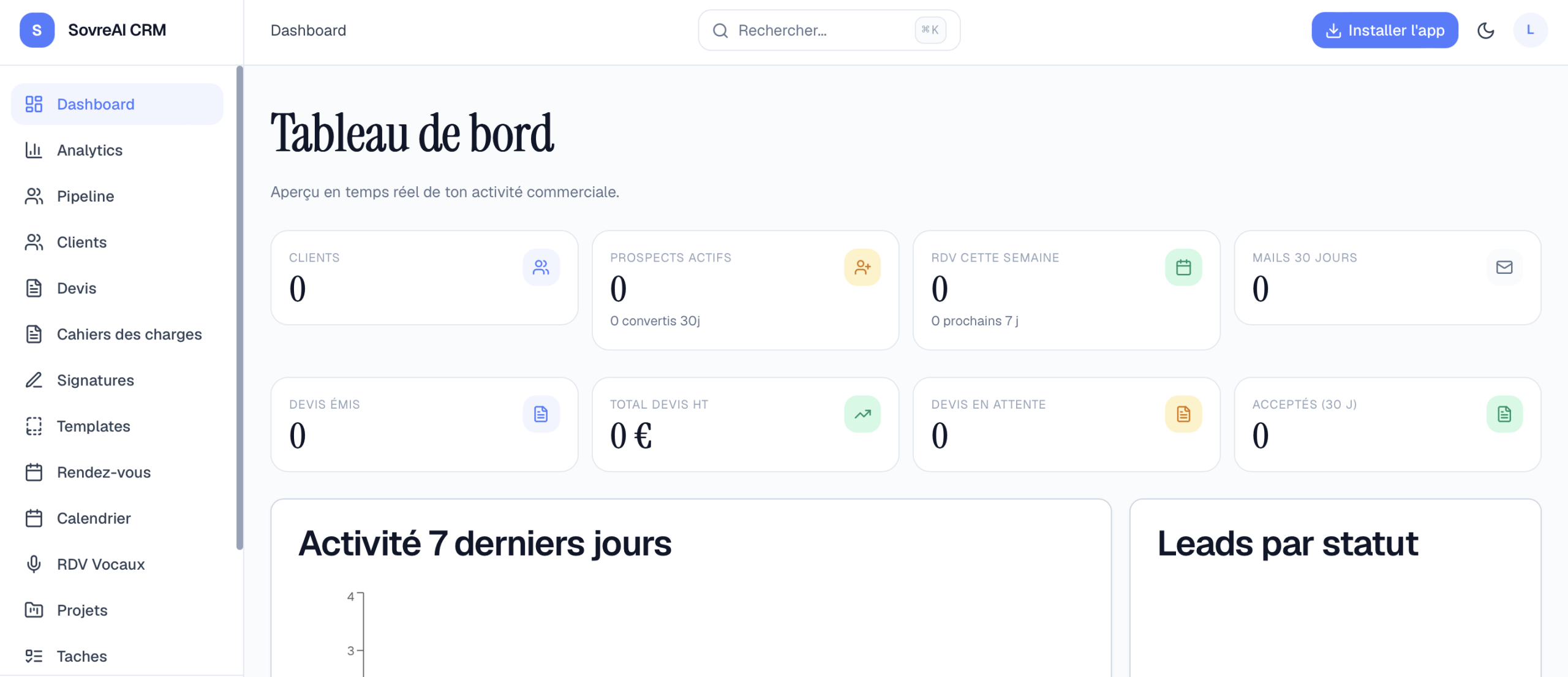 Tableau de bord du CRM SovreAI