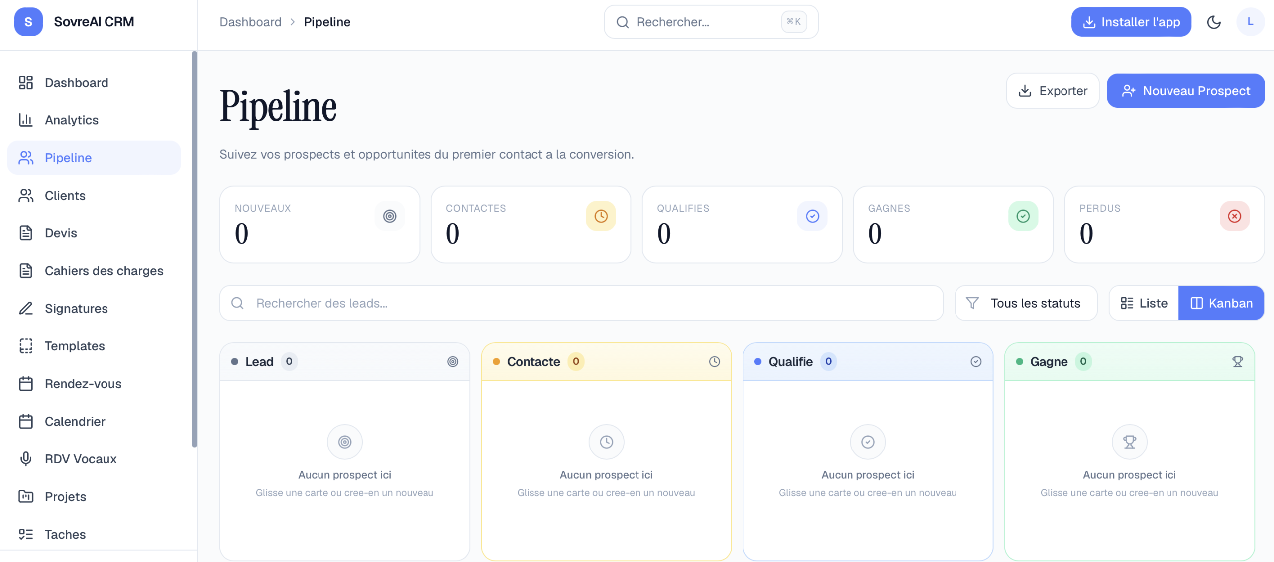 Pipeline commercial en vue Kanban